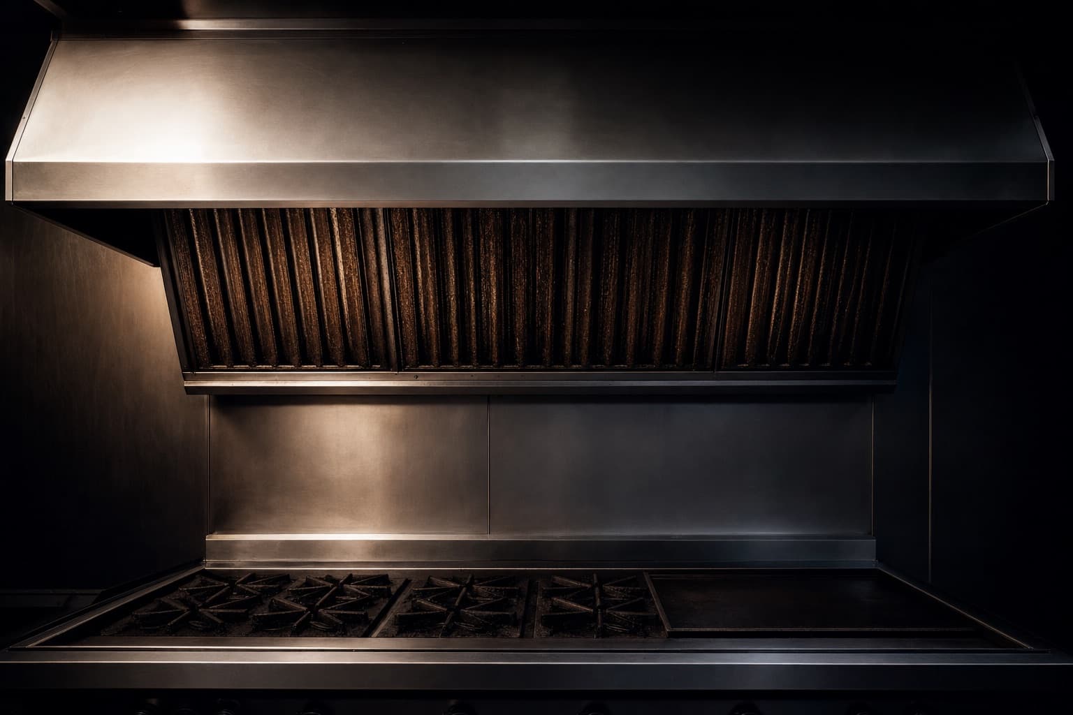Une hotte inox de cuisine professionnelle dont les filtres à chicane sont fortement chargés de graisse