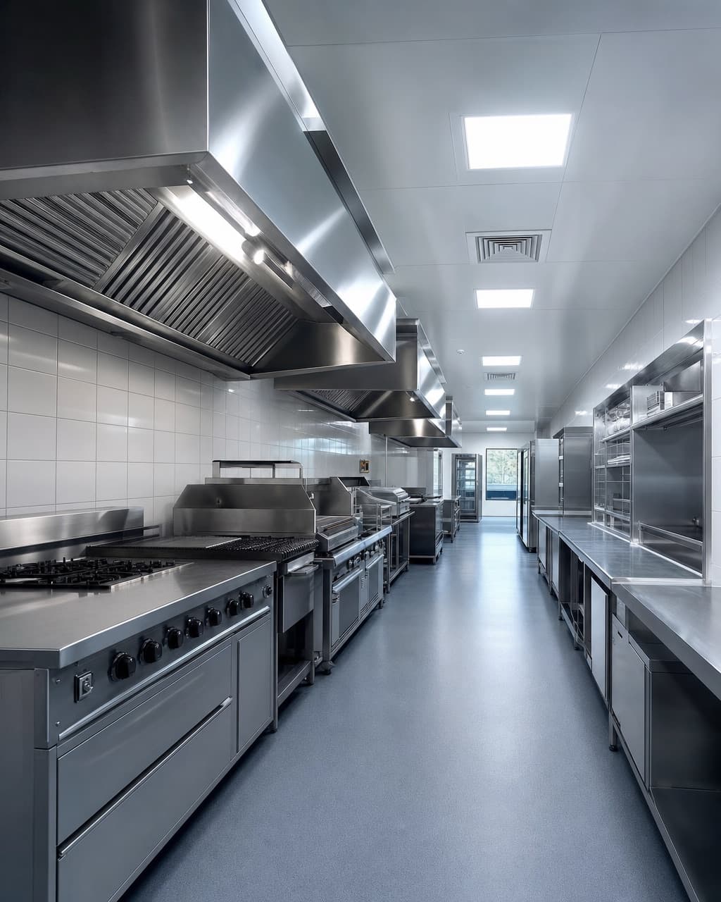 Une cuisine de collectivité vue en longueur avec deux hottes inox alignées au-dessus des fourneaux